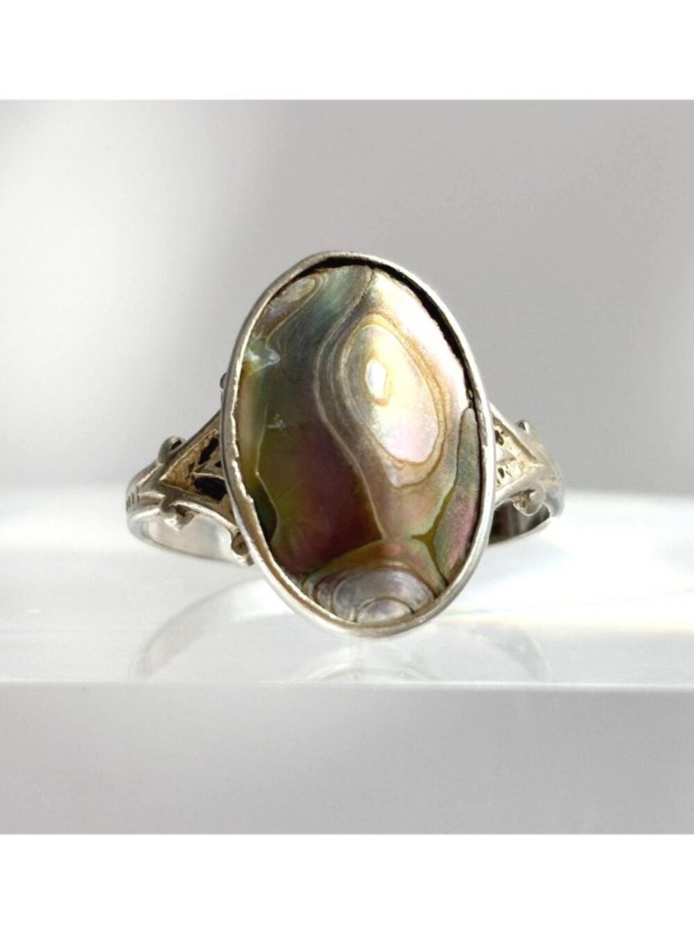 Abalone Stone Oval Cut Minimalist Sterling Silver 925 Vintage Ring - sz 7.75